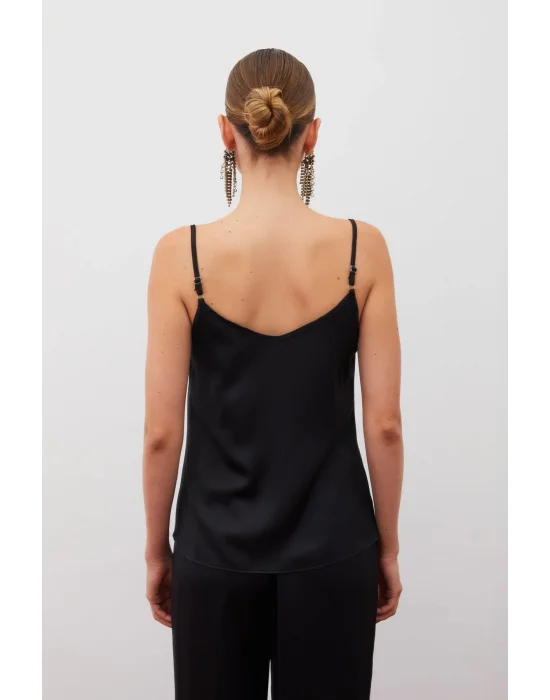 Degaje Yaka Saten Bluz - Siyah