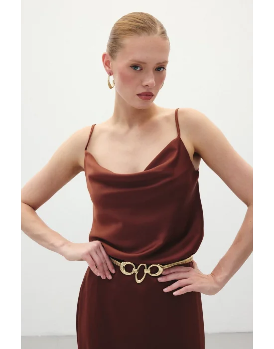 Degaje Yaka Saten Bluz - Kahve