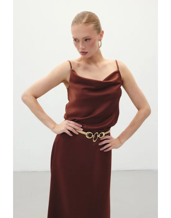 Degaje Yaka Saten Bluz - Kahve