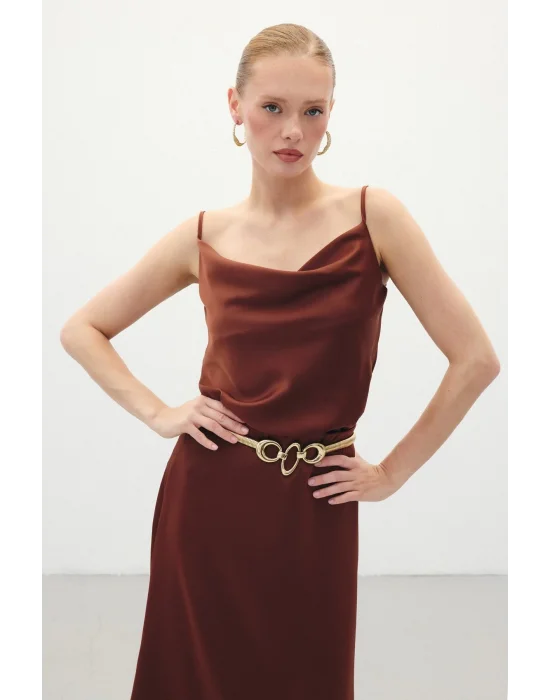 Degaje Yaka Saten Bluz - Kahve