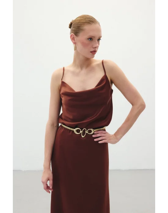 Degaje Yaka Saten Bluz - Kahve