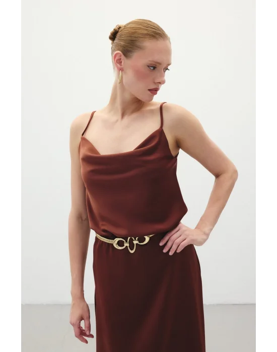 Degaje Yaka Saten Bluz - Kahve