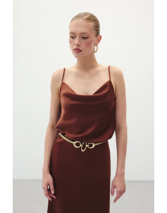 Degaje Yaka Saten Bluz - Kahve