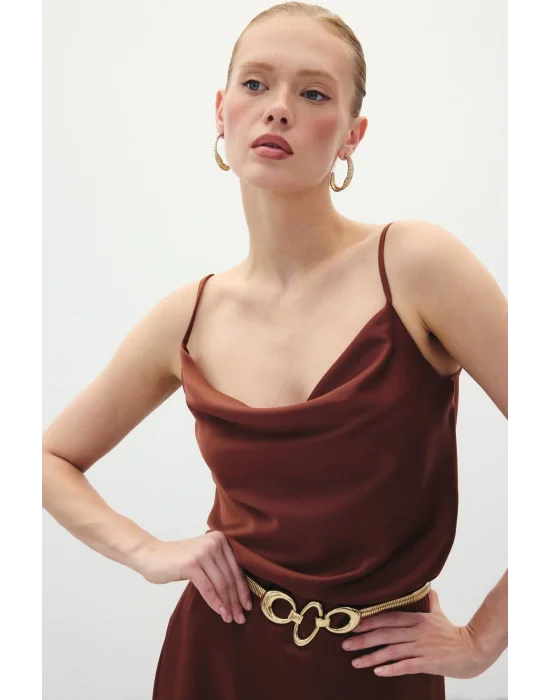 Degaje Yaka Saten Bluz - Kahve