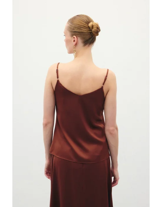 Degaje Yaka Saten Bluz - Kahve