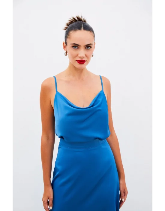 Degaje Yaka Saten Bluz - Indigo