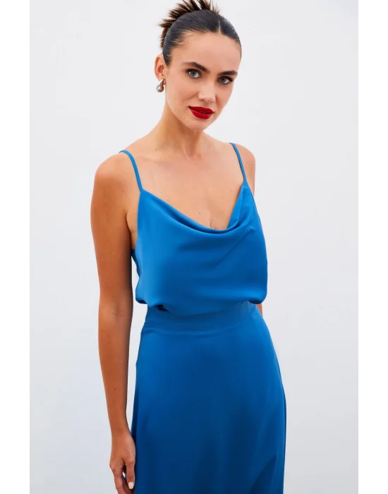 Degaje Yaka Saten Bluz - Indigo