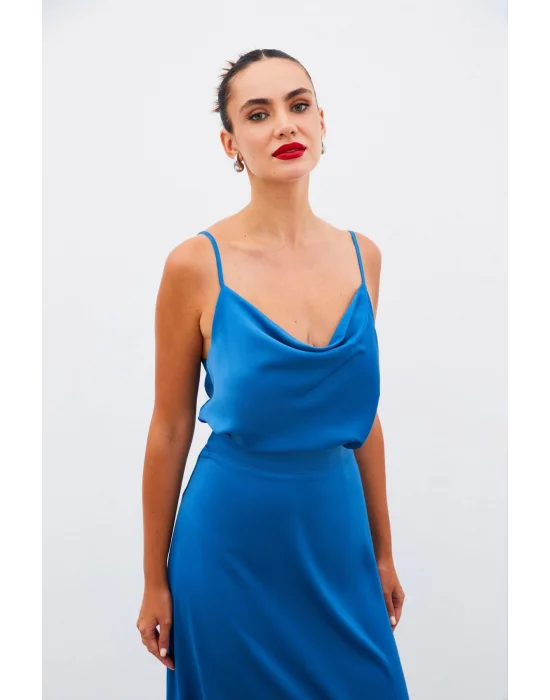 Degaje Yaka Saten Bluz - Indigo