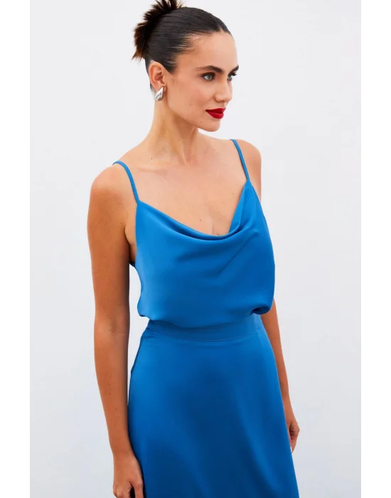 Degaje Yaka Saten Bluz - Indigo