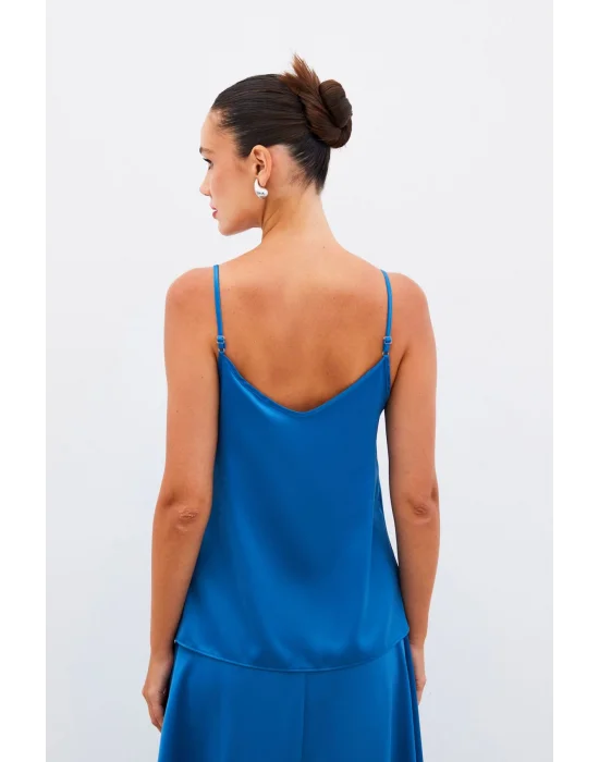 Degaje Yaka Saten Bluz - Indigo