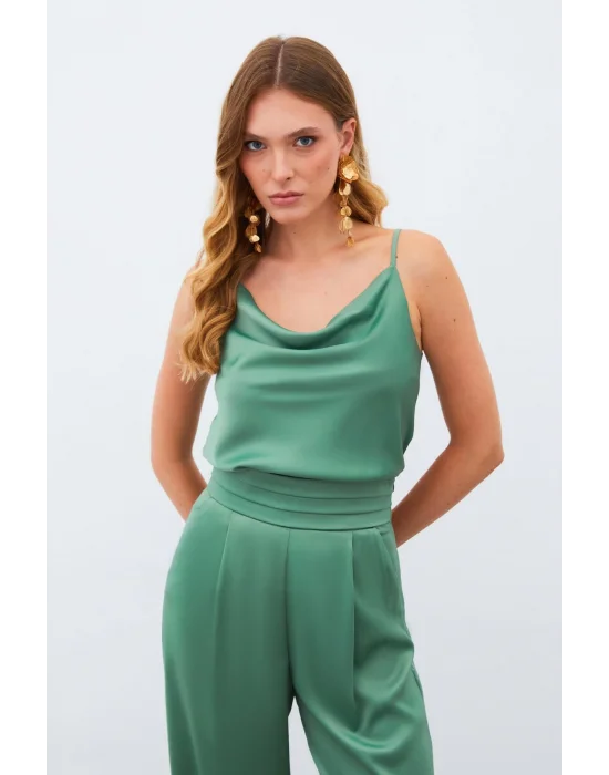 Degaje Yaka Saten Bluz - HAKİ