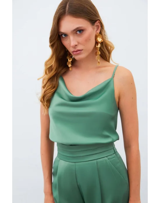 Degaje Yaka Saten Bluz - HAKİ