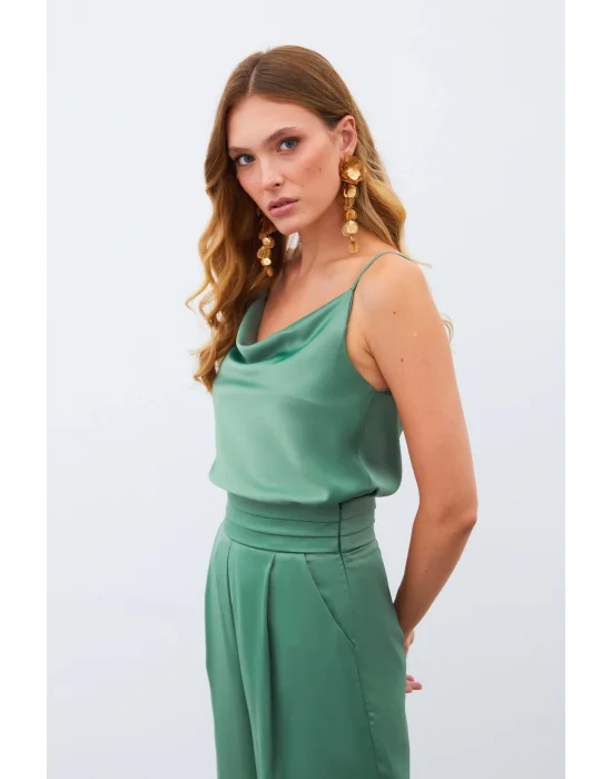 Degaje Yaka Saten Bluz - HAKİ