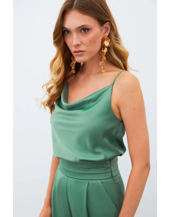 Degaje Yaka Saten Bluz - HAKİ