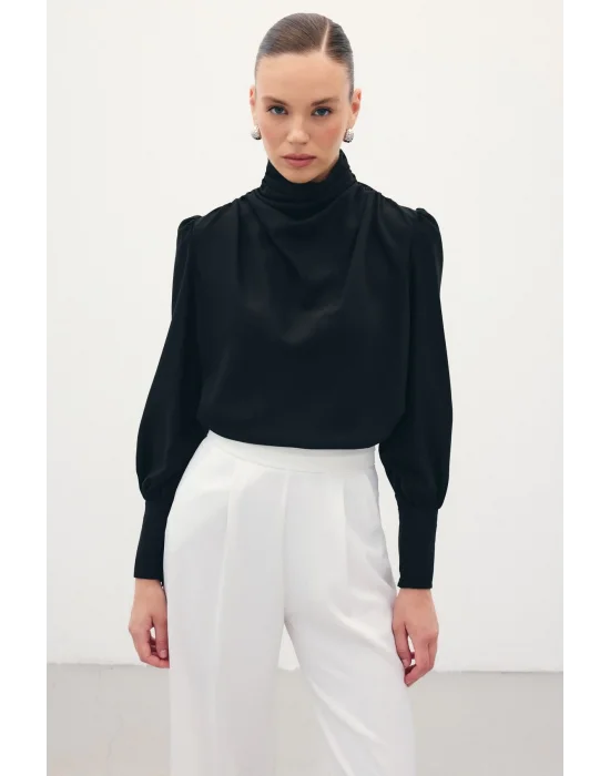 Drape Detaylı Bluz - Siyah