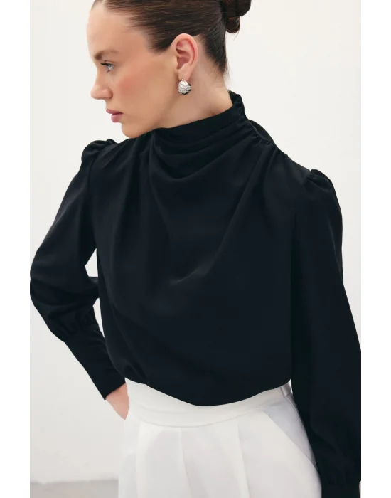 Drape Detaylı Bluz - Siyah