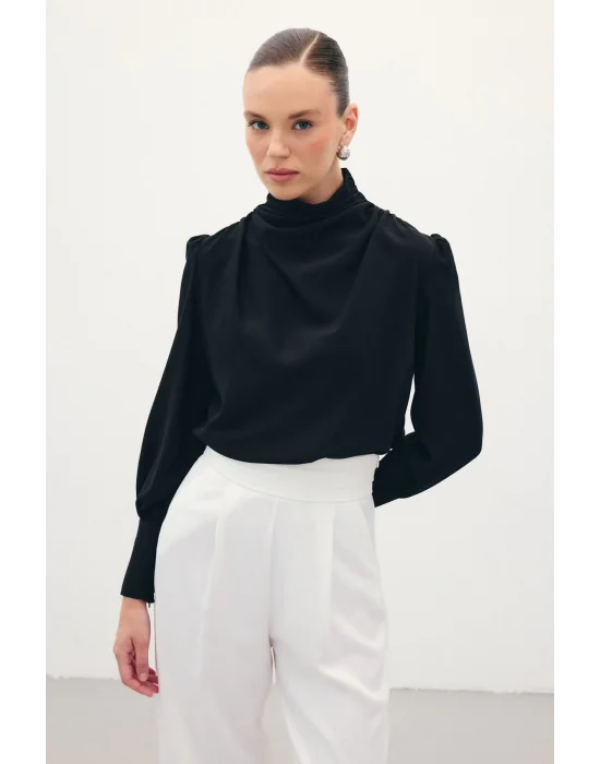 Drape Detaylı Bluz - Siyah