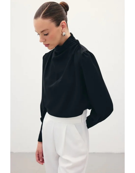 Drape Detaylı Bluz - Siyah
