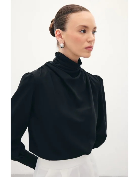 Drape Detaylı Bluz - Siyah