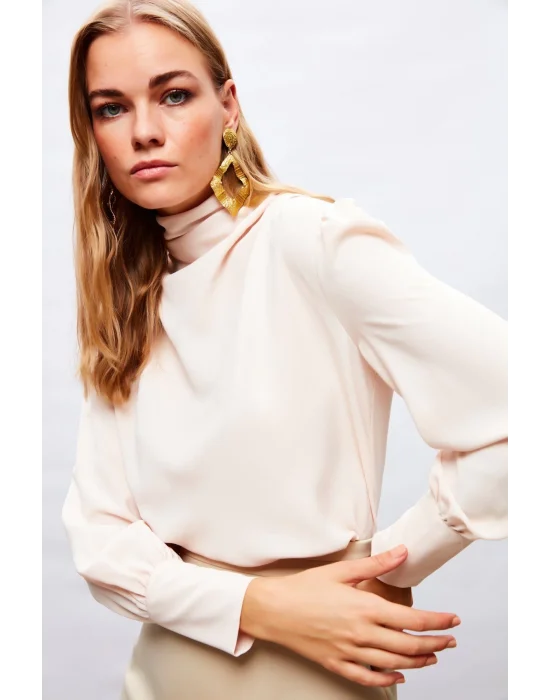 Drape Detaylı Bluz - Bej