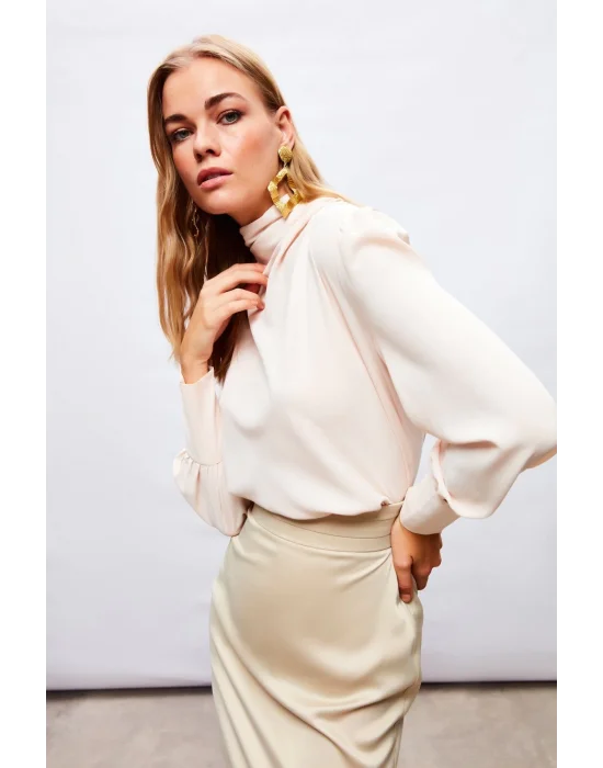 Drape Detaylı Bluz - Bej