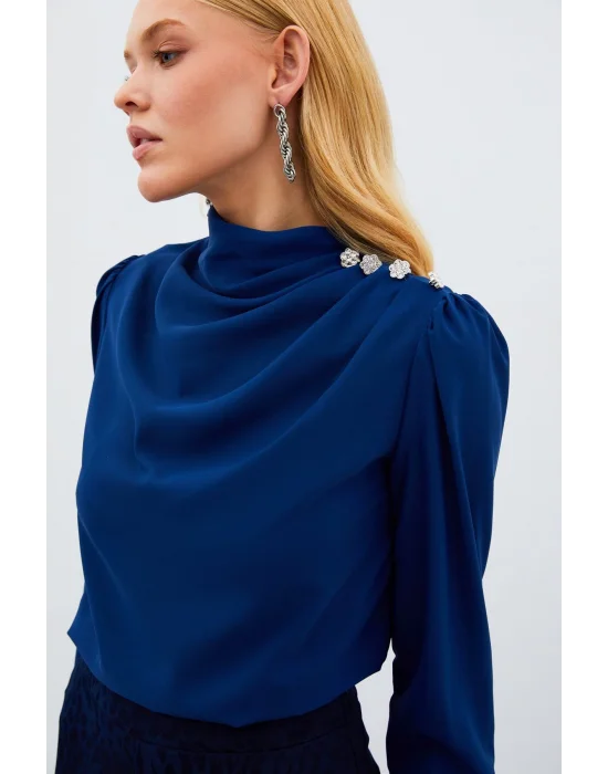 Düğmeleri Taş Detaylı Bluz - LACİVERT