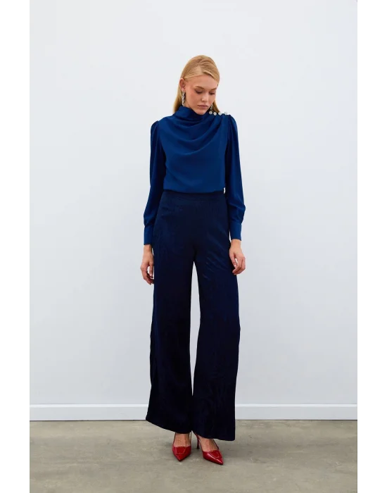 Düğmeleri Taş Detaylı Bluz - LACİVERT