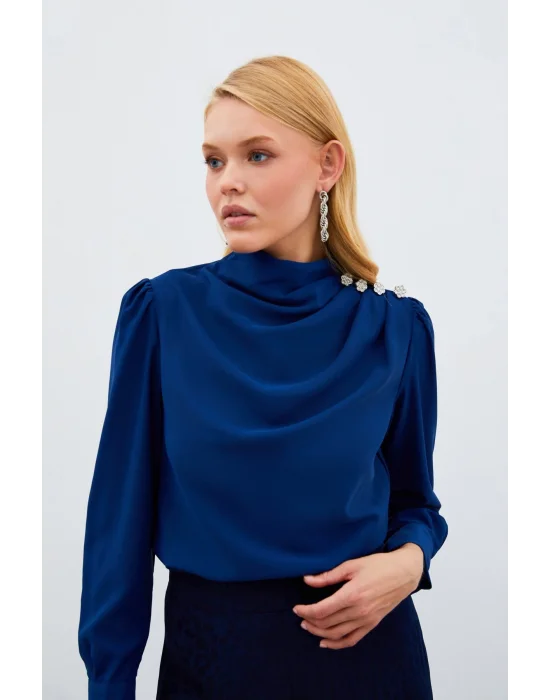 Düğmeleri Taş Detaylı Bluz - LACİVERT