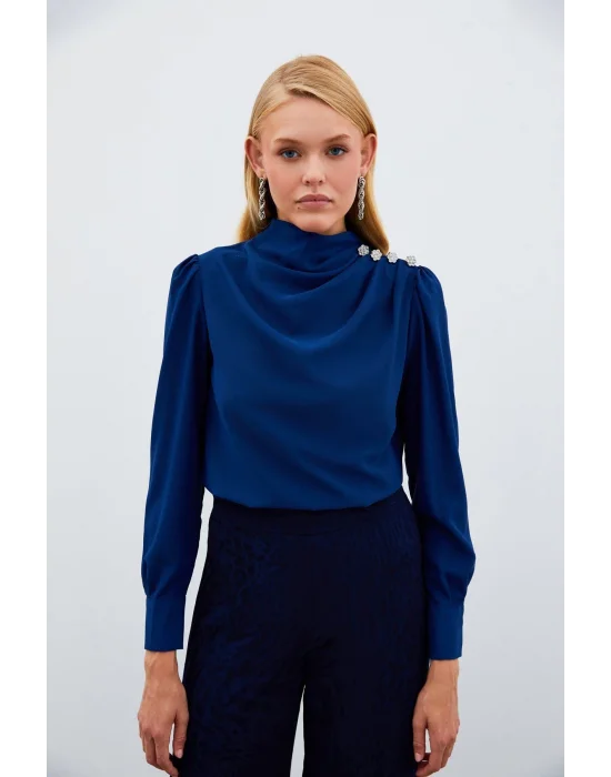 Düğmeleri Taş Detaylı Bluz - LACİVERT