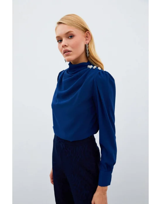 Düğmeleri Taş Detaylı Bluz - LACİVERT