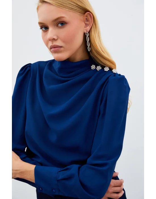 Düğmeleri Taş Detaylı Bluz - LACİVERT