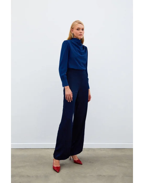 Düğmeleri Taş Detaylı Bluz - LACİVERT