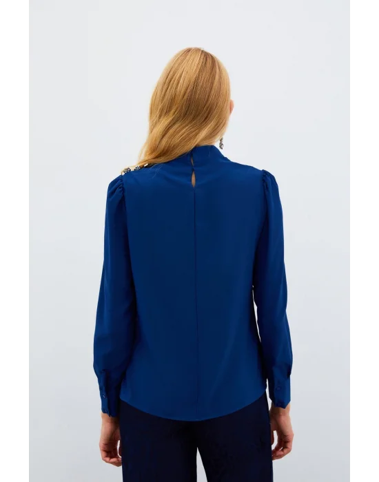 Düğmeleri Taş Detaylı Bluz - LACİVERT