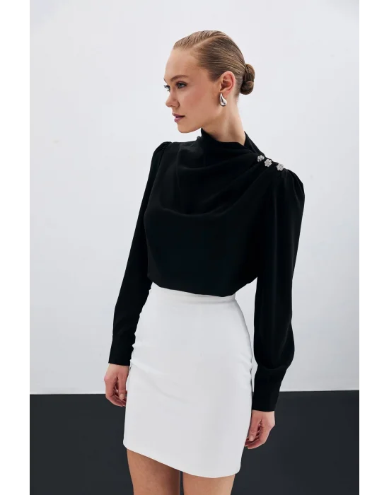 Düğmeleri Taş Detaylı Bluz - Siyah