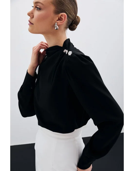 Düğmeleri Taş Detaylı Bluz - Siyah