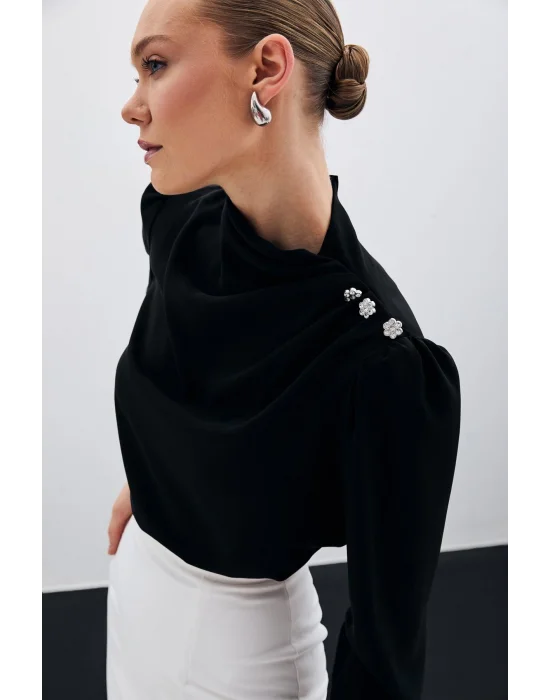 Düğmeleri Taş Detaylı Bluz - Siyah