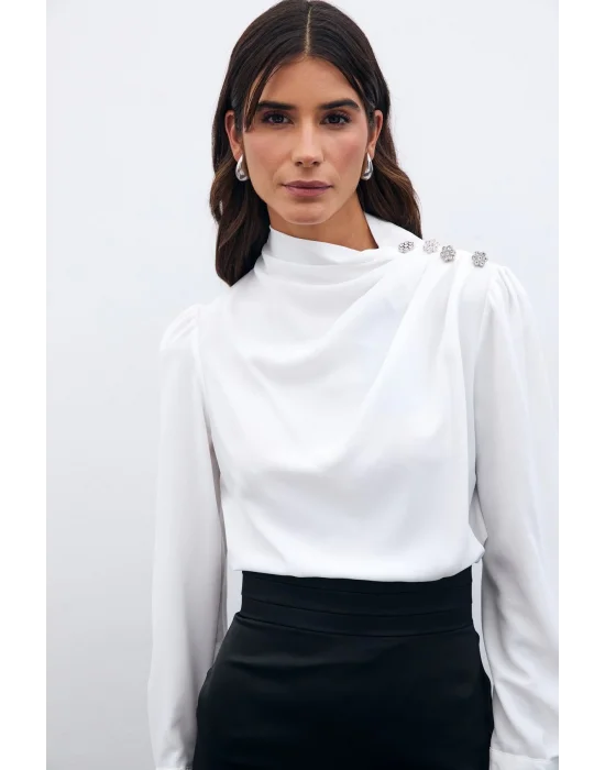 Düğmeleri Taş Detaylı Bluz - Ekru