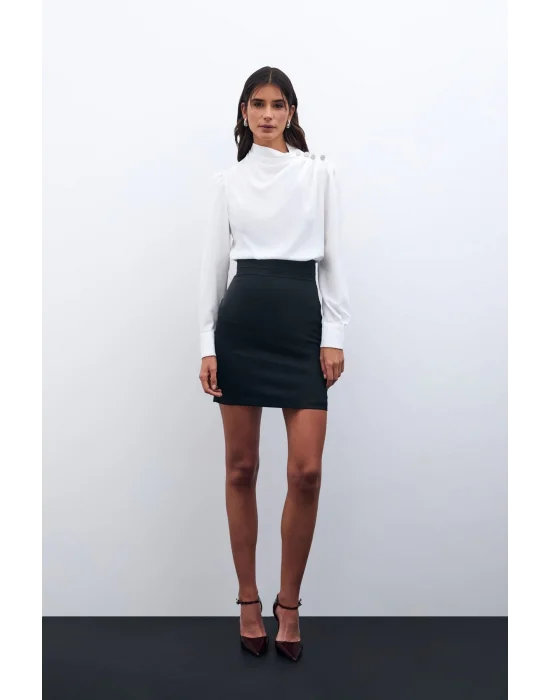 Düğmeleri Taş Detaylı Bluz - Ekru