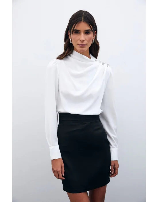 Düğmeleri Taş Detaylı Bluz - Ekru