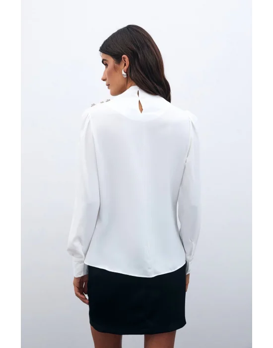 Düğmeleri Taş Detaylı Bluz - Ekru