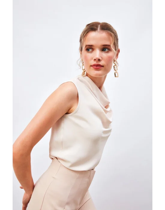 Degaje Yaka Kolsuz Bluz - Bej