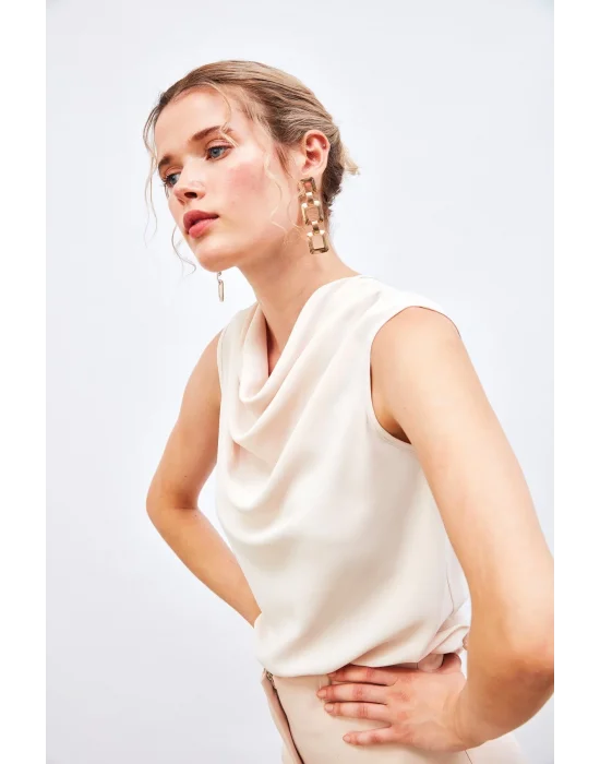 Degaje Yaka Kolsuz Bluz - Bej