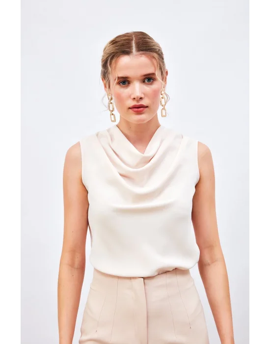 Degaje Yaka Kolsuz Bluz - Bej