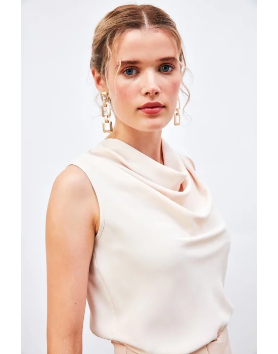 Degaje Yaka Kolsuz Bluz - Bej