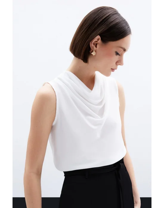 Degaje Yaka Kolsuz Bluz - Ekru