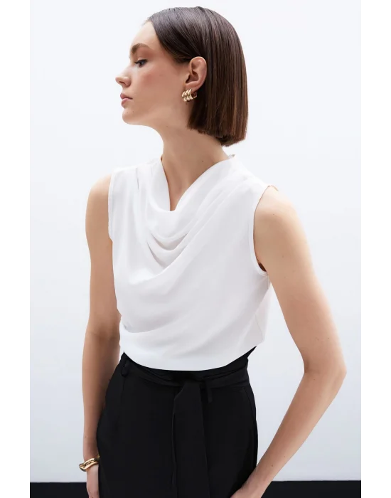 Degaje Yaka Kolsuz Bluz - Ekru