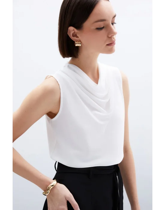 Degaje Yaka Kolsuz Bluz - Ekru