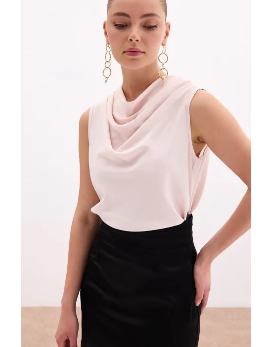 Degaje Yaka Kolsuz Bluz - Pudra