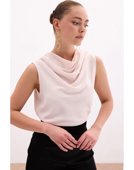 Degaje Yaka Kolsuz Bluz - Pudra