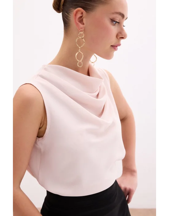 Degaje Yaka Kolsuz Bluz - Pudra